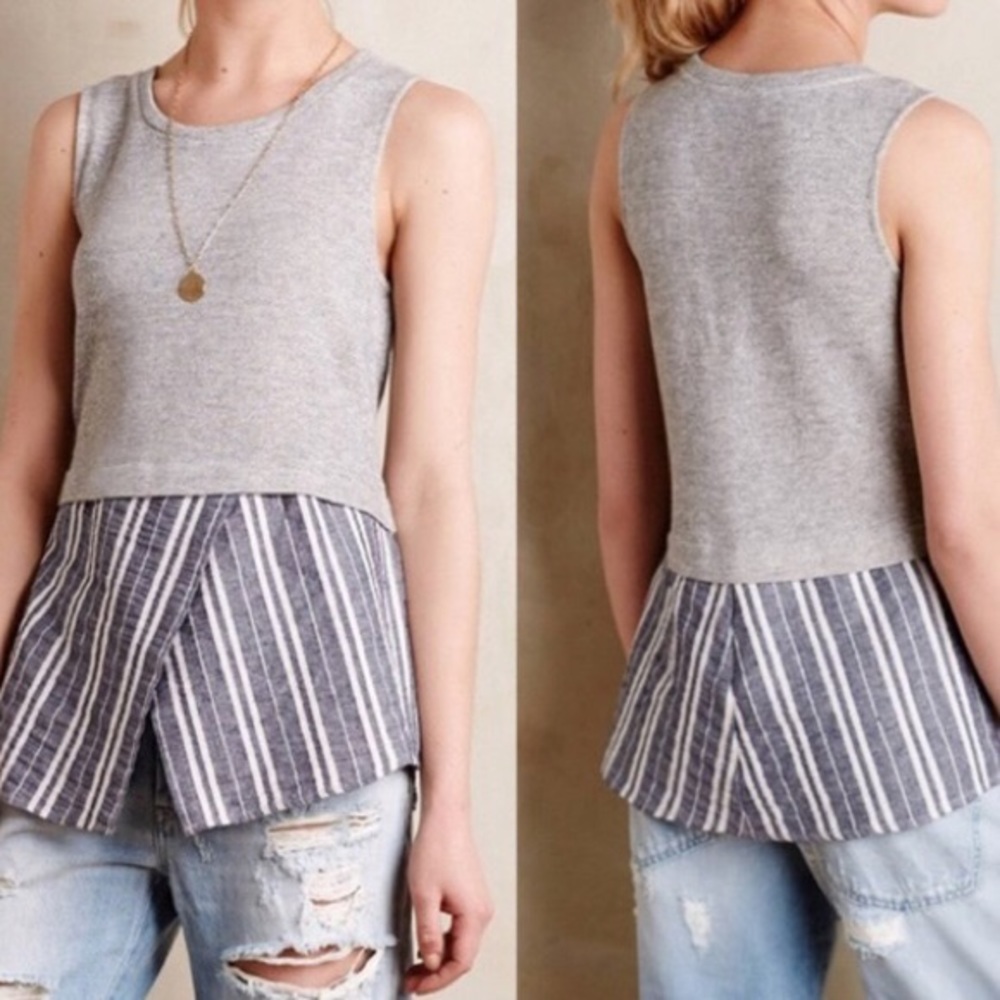 Anthropologie Gray & Blue Striped Layered Peplum Tank